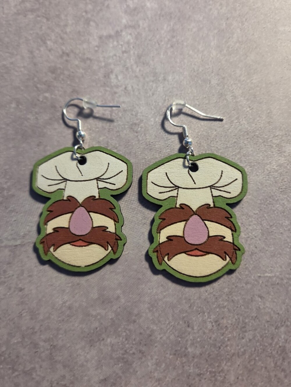 Whimsical Sweedish Chef Muppet Earrings in Green and Brown